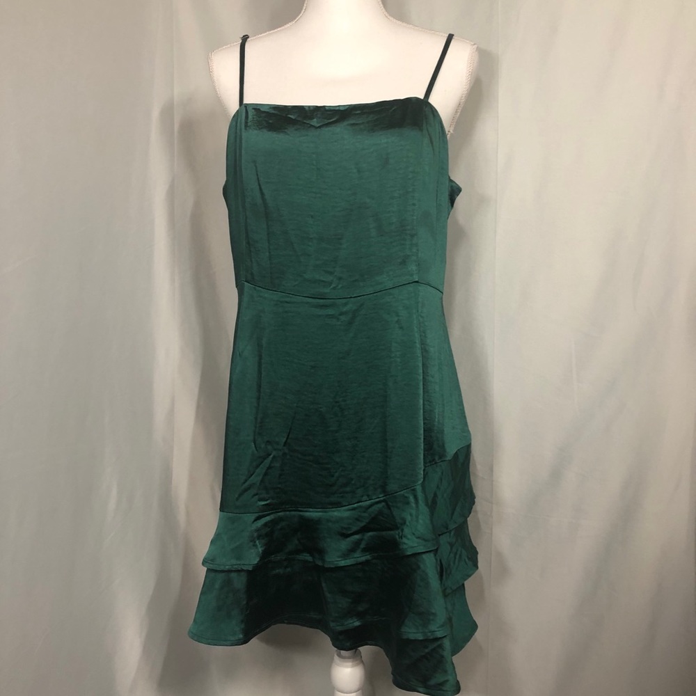 Green Asym Ruffle Bottom Holiday Dress